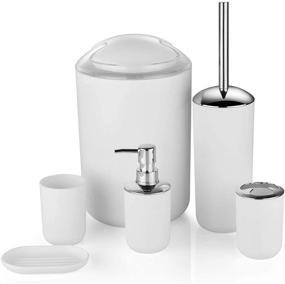 img 4 attached to 🚽 6 Piece Plastic Bathroom Accessory Set - Luxury Bath Accessories: Lotion Bottles, Toothbrush Holder, Tooth Mug, Soap Dish, Toilet Brush, Trash Can, Rubbish Bin (White)