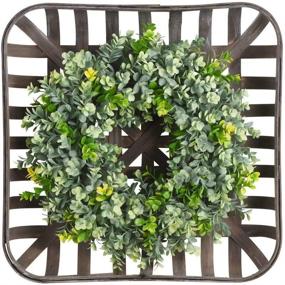 img 4 attached to 🍃 20-Inch Artificial Green Leaves Farmhouse Boxwood Wreath with Square Tobacco Basket for Front Door - Large Indoor/Outdoor Fall or Autumn Door Wreath Decor for Wall or Home Decorations