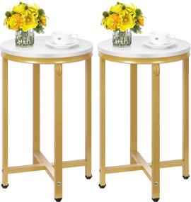 img 4 attached to 🔘 VIVOHOME Set of 2 Round White End Side Coffee Tables with Faux Marble Top, X-Shaped Gold Frame - Modern Home Decor for Living Room, Bedroom, Balcony, Small Space