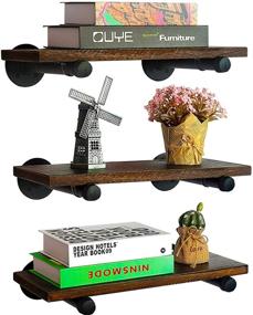 img 4 attached to 🪵 Rustic Industrial Floating Shelves with Pipe Brackets - Set of 3 - Brown