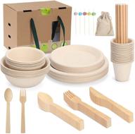 🎉 party picnic compostable dinnerware set - 160 pcs eco-friendly bamboo paper plates, bowls, cultery utensils, cups, straws - biodegradable & disposable logo