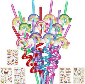 img 4 attached to 🌈 Rainbow Straws for Kids' Birthday Party Favors - Fun Straws for Boys and Girls, Goodie Bags, Gift Bags - Bday Party Supplies with 20pcs Straws and 5 Sheet Temporary Tattoos