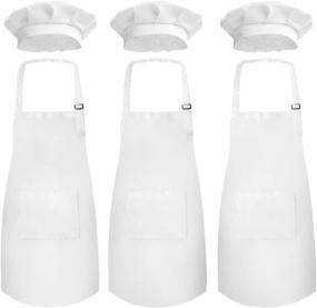 img 4 attached to Kid's Apron and Chef Hat Set (3 Set) by Novelty Place - Children's Bib with Pocket for Cooking, Baking, Painting - Skin-friendly Training Wear - Kid's Size (6-12 Year, White)