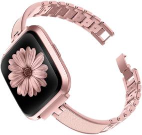 img 4 attached to TOYOUTHS Stylish Bracelet Compatible with Fitbit Versa/Versa 2 Bands Women Slim Strap Replacement for Versa Lite Special Edition – Stainless Steel Metal+Leather Accessories (Rose Gold/Pink)