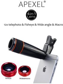 img 3 attached to 📷 Apexel 4 in 1 Camera Lens Kit - 12x Black Telephoto Lens, Red Fisheye, Wide Angle & Macro Lens with Universal Clip for iPhone, iPad, Samsung Galaxy, Sony, LG, Motorola, HTC