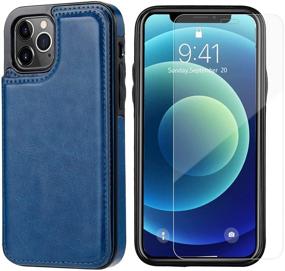 img 2 attached to 📱 JOYAKI Slim Wallet Case for iPhone 12 Pro/12, Premium PU Leather Card Holder Case with Card Slots and Screen Protective Glass - Deep Blue (6.1")