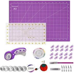 img 4 attached to 🧵 45mm Rotary Cutter Set Quilting Kit with 6 Replacement Blades, A3 Cutting Mat (18X12"), Acrylic Ruler, Sewing Pins, Cushion, Craft Knife Set, and Craft Clips - Perfect for Sewing and Crafting in Purple