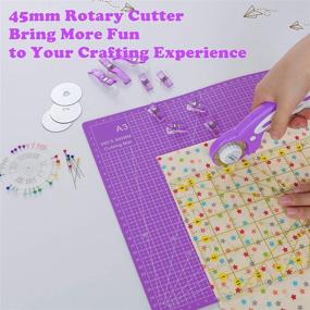 img 1 attached to 🧵 45mm Rotary Cutter Set Quilting Kit with 6 Replacement Blades, A3 Cutting Mat (18X12"), Acrylic Ruler, Sewing Pins, Cushion, Craft Knife Set, and Craft Clips - Perfect for Sewing and Crafting in Purple