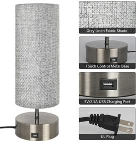 img 2 attached to 💡 Set of 2 Zorykn 3-Way Dimmable Touch Control Table Lamps with USB Charging Port – Modern Nightstand Bedside Desk Lamps with Grey Fabric Lampshade, Ideal for Living Room, Bedroom, Study Room – Includes LED Bulb