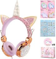 🦄 charlxee kids headphones: microphone, giant unicorn gift for girls, birthday headset for school, hd sound, 3.5mm jack, princess gold design logo