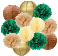woodland animals party decorations - happyfield rustic gold green tan brown tissue poms paper lanterns for gender neutral baby showers, boy or girl woodland animals baby shower decor logo