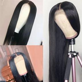img 2 attached to 👩 20-дюймовые прямые бразильские меховые парики с кружевным передником для чернокожих женщин - 4x4x1 T-часть, парики из натуральных волос предрасчесленный с волосами ребенка, плотность 150%, натуральный цвет