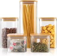 🏺 square glass food storage jars set of 5 with airtight bamboo lid - clear containers for tea, coffee, flour, sugar, candy, cookie, spice and more logo