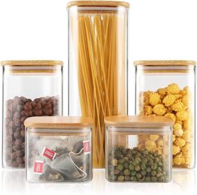 img 4 attached to 🏺 Square Glass Food Storage Jars Set of 5 with Airtight Bamboo Lid - Clear Containers for Tea, Coffee, Flour, Sugar, Candy, Cookie, Spice and More