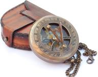 🧭 neovivid brass sundial compass with leather case and chain - push open compass - steampunk accessory - antiquated finish - handmade gift - sundial clock logo