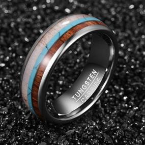 img 2 attached to 🦌 Vakki 8mm Men's Tungsten Carbide Ring with Deer Antler, Turquoise, Koa Wood Inlay, Comfort Fit, Size 7-12