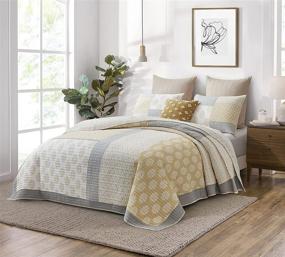 img 3 attached to 🛏️ Cotton Bedspread Quilt Set - Yellow Grey White Coverlet, Real-Patchwork Soft Farmhouse Floral Luxury Lightweight Quilt Bedding Set for All-Seasons, King Size, 3-Piece