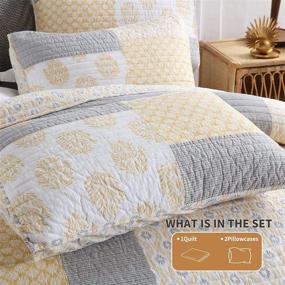 img 2 attached to 🛏️ Cotton Bedspread Quilt Set - Yellow Grey White Coverlet, Real-Patchwork Soft Farmhouse Floral Luxury Lightweight Quilt Bedding Set for All-Seasons, King Size, 3-Piece