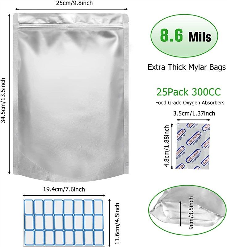 1 Gallon 7-Mil Zip Lock Mylar Bags plus 300 CC Oxygen Absorbers.