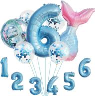 6th birthday party mermaid number balloons set – girl's mermaid tail decoration supplies with round mermaid latex confetti balloons (blue confetti 6th) логотип