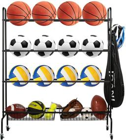 img 4 attached to 🏀 Premium Basketball Rack with Caster Wheels: Rolling Ball Storage for Garage, 3-Tier Ball Organizer with 2 Baskets, Suitable for Basketballs, Footballs, Volleyballs