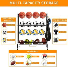 img 3 attached to 🏀 Premium Basketball Rack with Caster Wheels: Rolling Ball Storage for Garage, 3-Tier Ball Organizer with 2 Baskets, Suitable for Basketballs, Footballs, Volleyballs