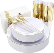 🍽️ nervure 140pcs white and gold plastic plates & disposable gold plastic plates - complete thanksgiving & party set with 20 dinner plates, 20 dessert plates, 60 gold plastic silverware, 20 cups, and 20 napkins logo