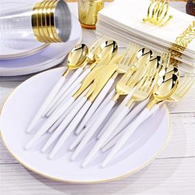 img 2 attached to 🍽️ Nervure 140PCS White and Gold Plastic Plates & Disposable Gold Plastic Plates - Complete Thanksgiving & Party Set with 20 Dinner Plates, 20 Dessert Plates, 60 Gold Plastic Silverware, 20 Cups, and 20 Napkins