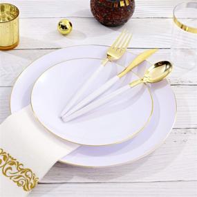 img 3 attached to 🍽️ Nervure 140PCS White and Gold Plastic Plates & Disposable Gold Plastic Plates - Complete Thanksgiving & Party Set with 20 Dinner Plates, 20 Dessert Plates, 60 Gold Plastic Silverware, 20 Cups, and 20 Napkins