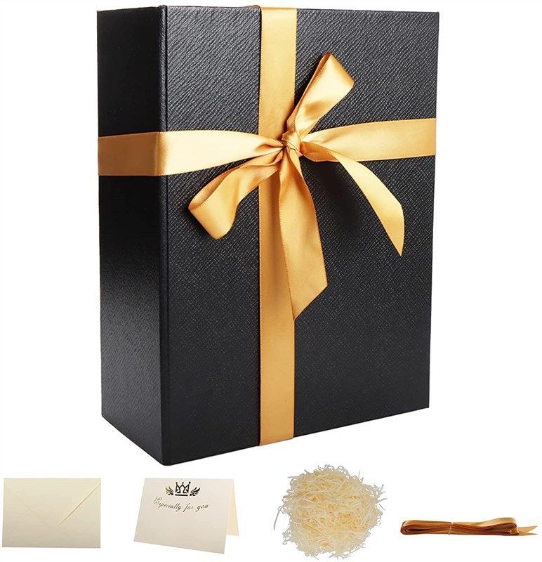 Ribbon Large Gift Box with Lid black magnetic close Decorative Boxes for Christmas Thanksgiving Birthday Wedding Bridesmaid with Gift Card Envelope Shredded Paper Filler 11X 8.07X 4.13 1 Pcs 