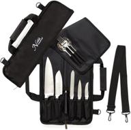 chef knife roll bag (6 slots) - padded holder for 5 knives with protected pouch for knife steel! durable carrier with shoulder strap, handle, and business card holder logo