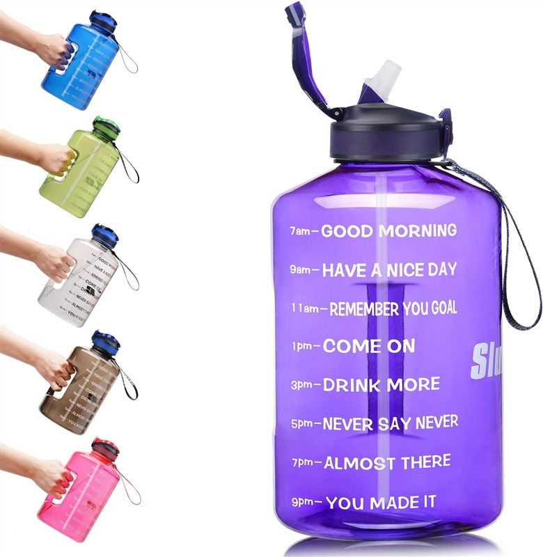 SLUXKE 1 Gallon Water Bottle Portable Water Jug Fitness Sports Daily Water Bottle with Motivational Time Marker,Leak-Proof, Wide