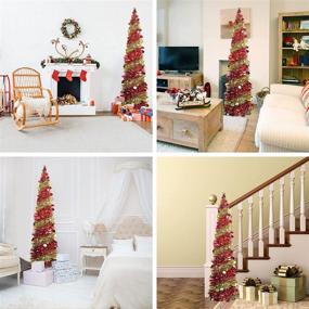 img 3 attached to WOKEISE 5ft Pop Up Pencil Tinsel Artificial Christmas Tree - Red & Gold: Perfect Indoor Holiday Party Decoration