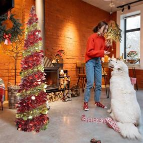 img 1 attached to WOKEISE 5ft Pop Up Pencil Tinsel Artificial Christmas Tree - Red & Gold: Perfect Indoor Holiday Party Decoration