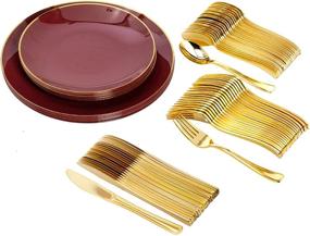 img 4 attached to 🍽️ Trendables Burgundy Plastic Disposable Party Plate Set with Plastic Cutlery - 10 Pack: Spoons, Forks, Knives - Plastic Dinnerware Sets - Serves 10