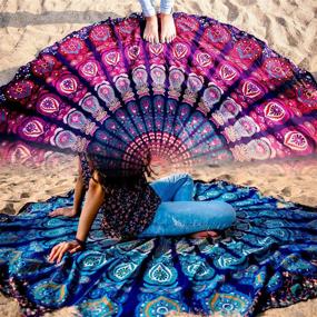 img 4 attached to Folkulture Set of 2 Mandala Tapestry: Boho Indian Round Beach Blankets in Blue and Pink - 72 Inches