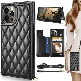 img 4 attached to 👜 Black Quilted Leather Luxury Case for iPhone 12 Pro Max with Card Holder, Kickstand, Removable Crossbody Wrist Strap - HOGGU Square Protective Phone Wallet Case for Women (6.7'')