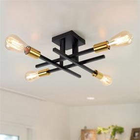 img 2 attached to 💡 Black and Gold Industrial Farmhouse Lighting Fixtures, Mid-Century Modern Chandelier for Kitchen, Dining Room, Bedroom, Study, Living Room - Semi Flush Mount Ceiling 4 Light