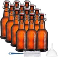 swing top glass bottles - chef's star 16 oz empty beer bottles, flip top with caps - for home brewing fermentation of kombucha, beer, coquito - amber, set of 12 - includes brush and funnel logo
