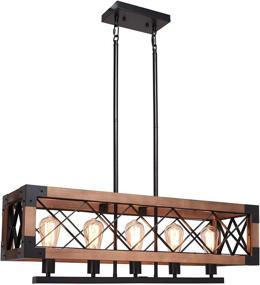 img 4 attached to 🏡 Rustic Farmhouse Kitchen Island Chandelier: CCS Wood and Metal Rectangle Fixture with 5 Edison E26 Lights in Black