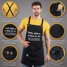 img 1 attached to 👨 Embroidered Funny Aprons for Men & Women - Heavy Duty Cross Back Chef Apron Funny Gift Box, BBQ Apron for Dad - Grilling Gifts for Men Cooking, Kitchen - Adjustable Size - 3 Pockets - 100% Cotton