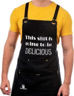 👨 embroidered funny aprons for men & women - heavy duty cross back chef apron funny gift box, bbq apron for dad - grilling gifts for men cooking, kitchen - adjustable size - 3 pockets - 100% cotton logo