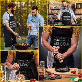 img 2 attached to 👨 Embroidered Funny Aprons for Men & Women - Heavy Duty Cross Back Chef Apron Funny Gift Box, BBQ Apron for Dad - Grilling Gifts for Men Cooking, Kitchen - Adjustable Size - 3 Pockets - 100% Cotton