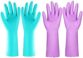 img 4 attached to 🧤 Latex-free Reusable Dishwashing Cleaning Gloves with Cotton Lining, 2 Pairs (Purple+Blue, Medium) - Kitchen Gloves