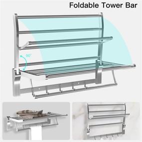 img 2 attached to 23-дюймовая складная полка для полотенец REIDEA для ванной комнаты, настенная полка для хранения с крючком - Щетинистая никелевая SUS 304 нержавеющая сталь Регулируемый держатель для полотенец и планка, серебро