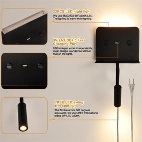 img 3 attached to 🛋️ Modern Bedroom Corner Bedside Sconce Wall Mount Lamp with Shelf – Plug-in Double Switch, LED USB Fast Charge Ports, Swing Arm Gooseneck, Black Reading Night Light Warm White – Ideal Living Room Lighting