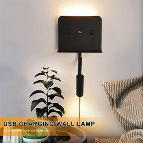 img 2 attached to 🛋️ Modern Bedroom Corner Bedside Sconce Wall Mount Lamp with Shelf – Plug-in Double Switch, LED USB Fast Charge Ports, Swing Arm Gooseneck, Black Reading Night Light Warm White – Ideal Living Room Lighting
