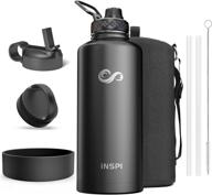 🥤 87oz inspi insulated water bottle with straw, spout & handle lids, carrying pouch, silicone boot – wide mouth thermo flask for cold & hot sports - large gallon water jug – black logo