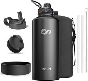 img 4 attached to 🥤 87oz INSPI Insulated Water Bottle with Straw, Spout & Handle Lids, Carrying Pouch, Silicone Boot – Wide Mouth Thermo Flask for Cold & Hot Sports - Large Gallon Water Jug – Black