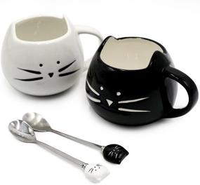 img 4 attached to 🐱 Koolkatkoo Cute Cat Mug Set: Perfect Ceramic Coffee Mugs for Cat Lovers – Funny Gift for Women and Girls – Small Cup with Spoon – 12 oz – Black and White Design